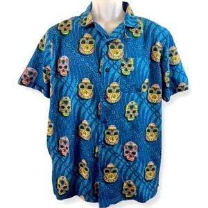 ONE Resolution Men’s Tropical Skull Print Teal Button Down Shirt Size M